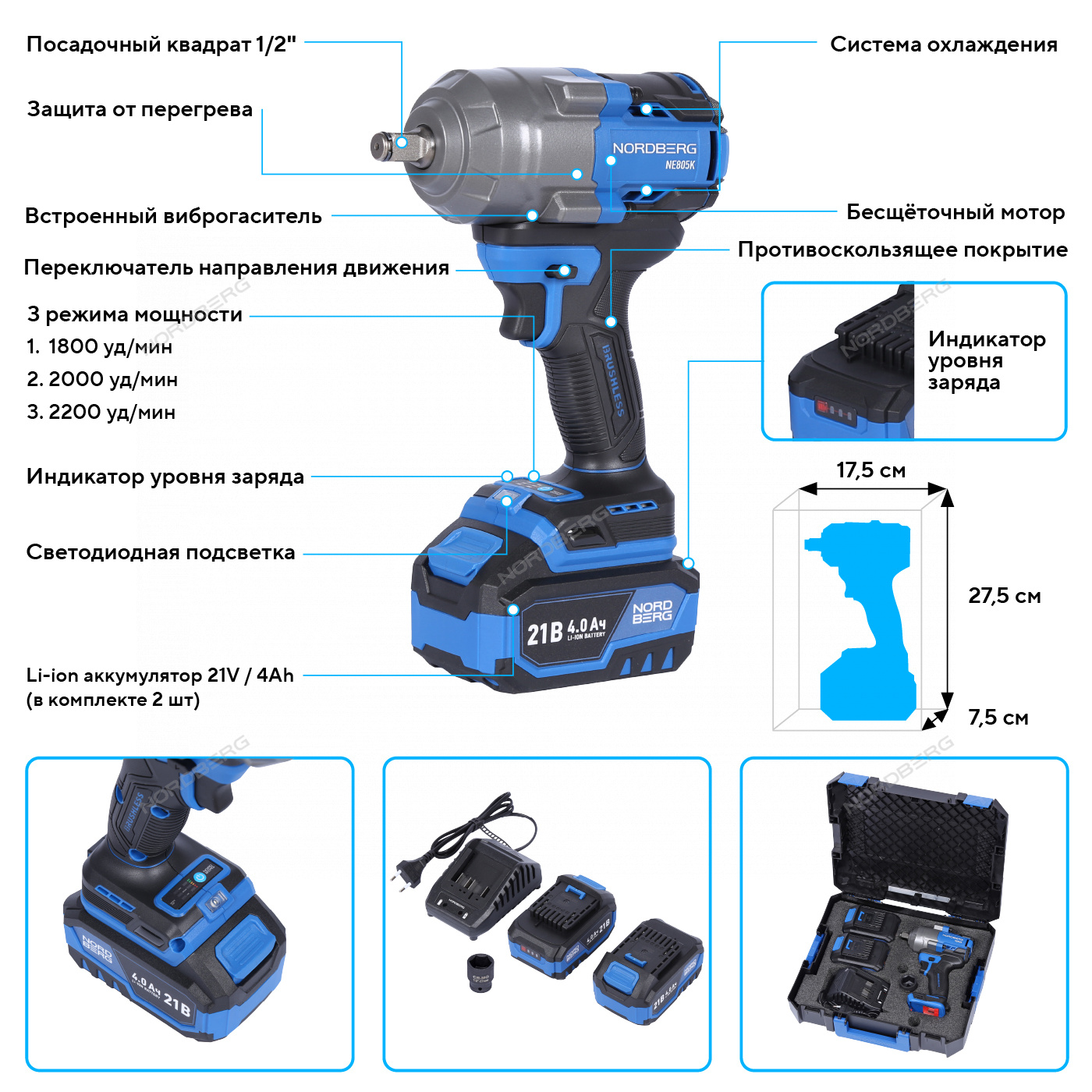 Гайковерт аккумуляторный, 1/2", 21 В, 1000 Нм, 2 аккумулятора 4 A и зарядное устройство, в кейсе