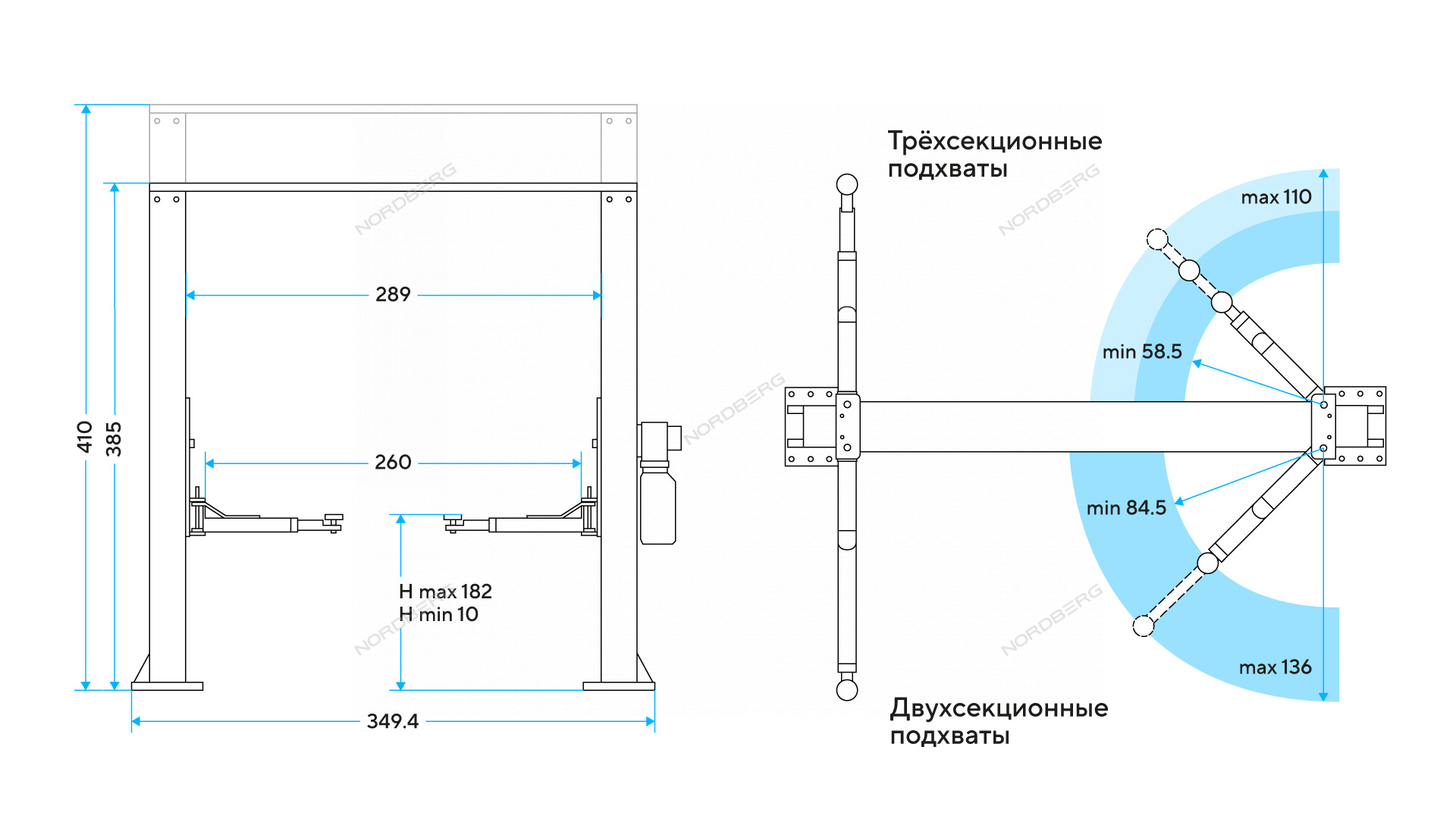 Подъемник двухстоечный 4 т, верхняя синхронизация, H=4,1 м Серый