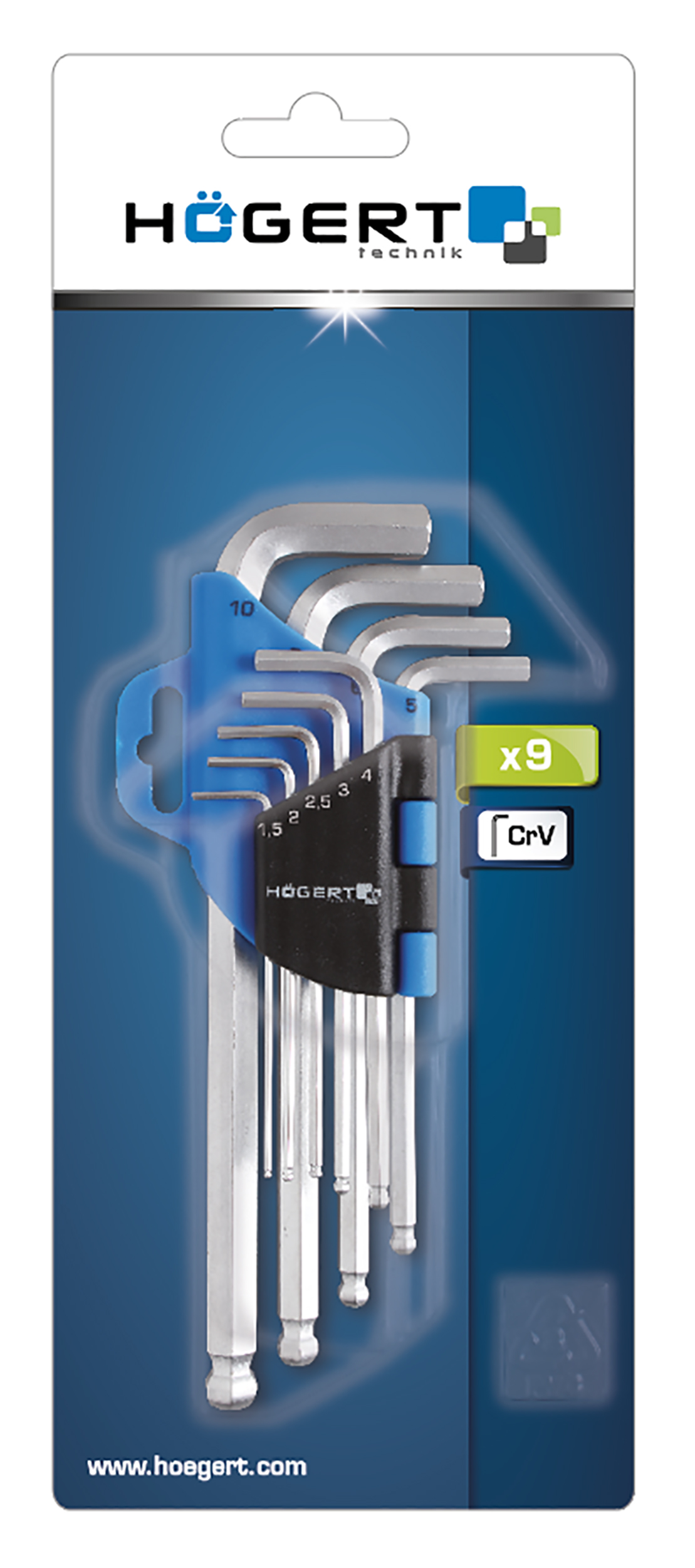 Ключи шестигранные удлиненные с шаровым наконечником Crv,9шт.