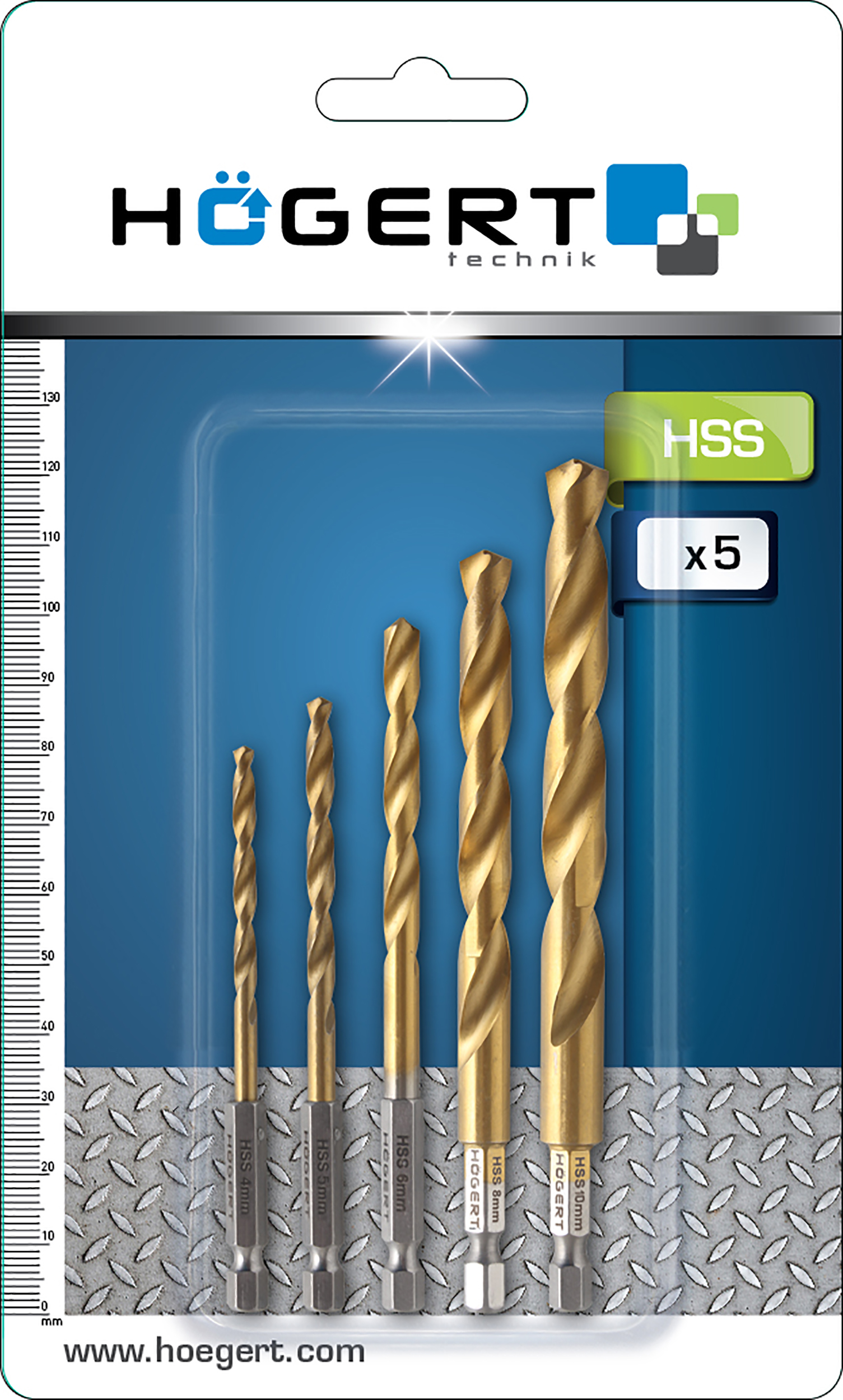 Набор сверл  по металлу с шестигранным хвостовиком 1/4'', набор 4, 5, 6, 8, 10 мм, сталь HSS Högert  HT6D180_1